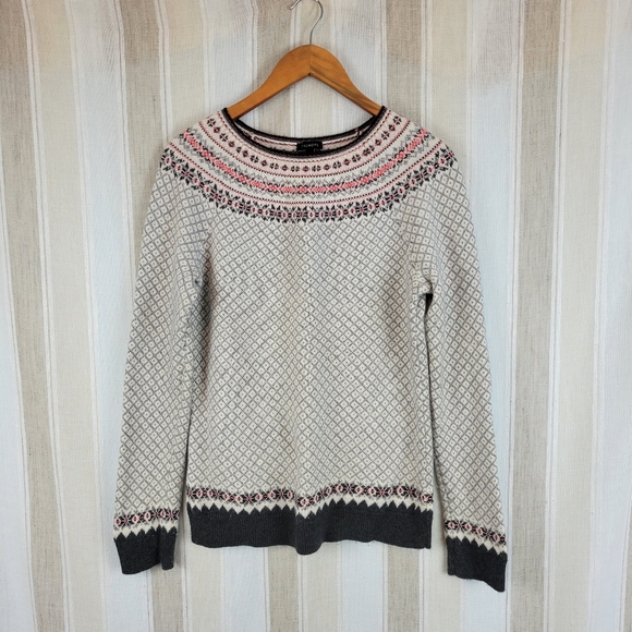 Talbots Fair Isle Lambswool Blend Crewneck Sweater Gray Pink‎ Size Medium - Picture 1 of 8